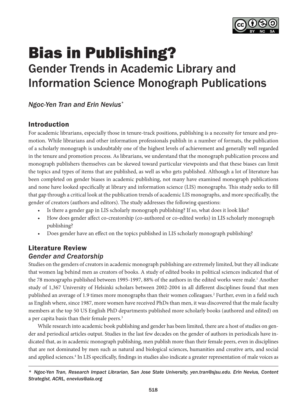 Bias in Publishing? Gender Trends in Academic Library and Information Science Monograph Publications