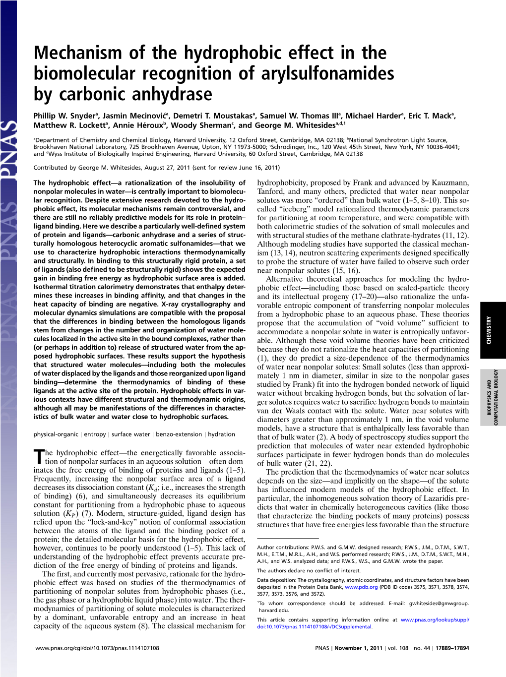 Mechanism of the Hydrophobic Effect in the Biomolecular Recognition of Arylsulfonamides by Carbonic Anhydrase