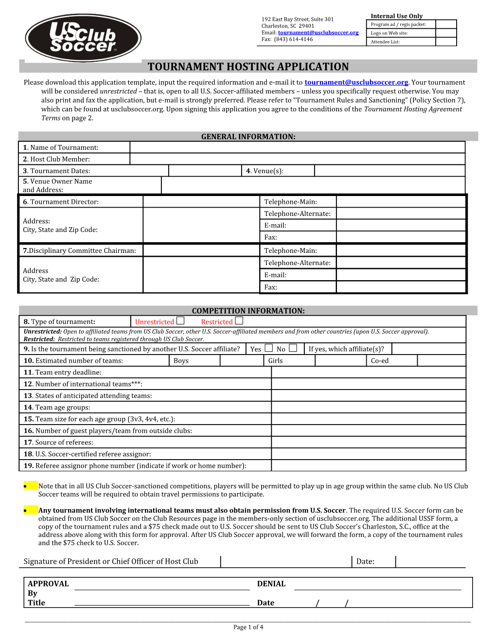 US CLUB SOCCER - Tournament Hosting Application Packet