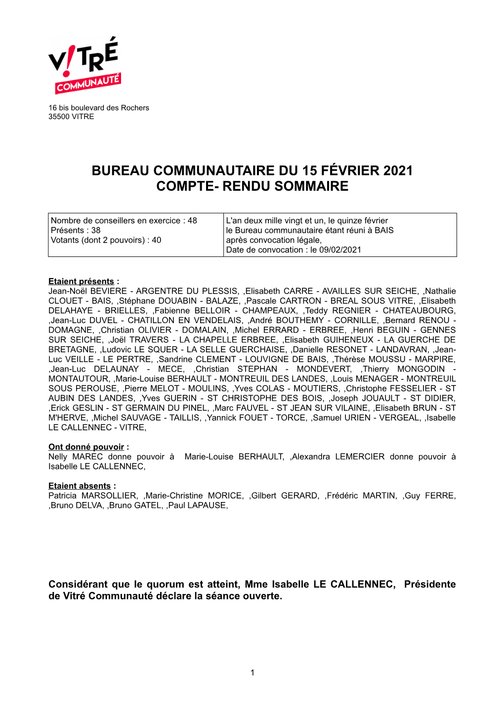 Bureau Communautaire Du 15 Février 2021 Compte- Rendu Sommaire