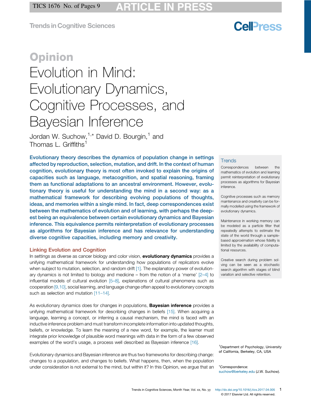 Evolutionary Dynamics, Cognitive Processes, and Bayesian Inference Jordan W