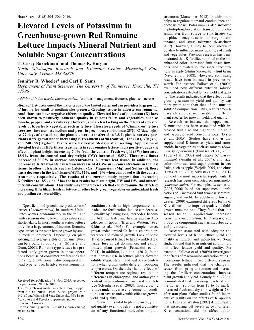 Elevated Levels of Potassium in Greenhouse-Grown Red Romaine