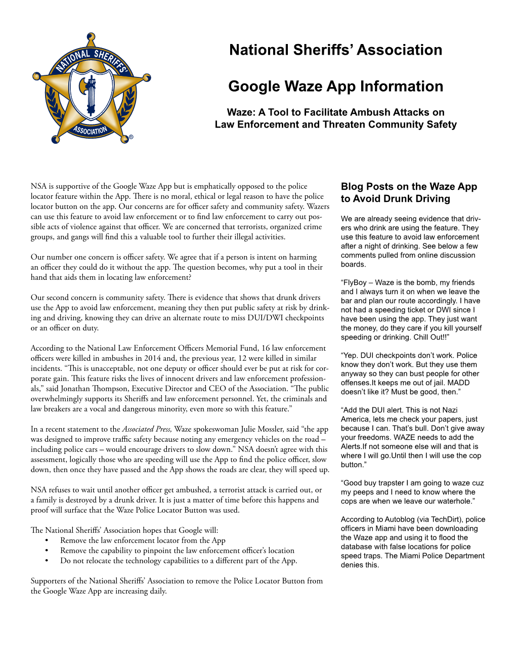 National Sheriffs' Association Google Waze App Information