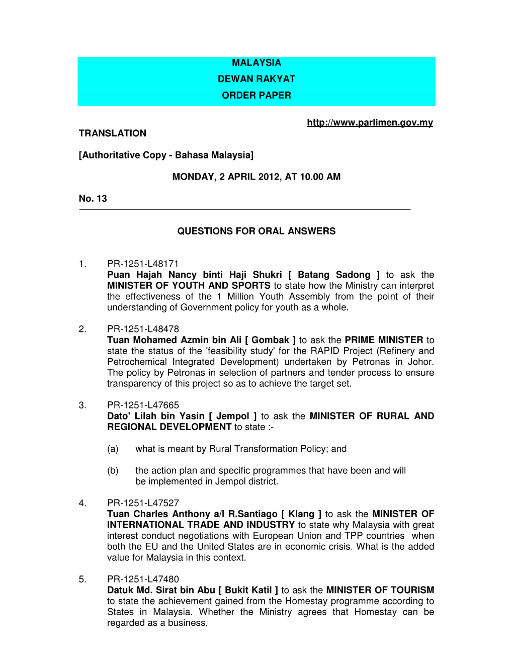 Malaysia Dewan Rakyat Order Paper