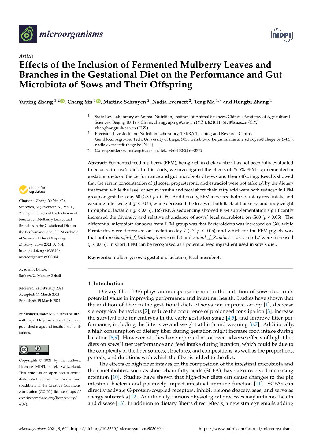 Effects of the Inclusion of Fermented Mulberry Leaves and Branches in the Gestational Diet on the Performance and Gut Microbiota of Sows and Their Offspring