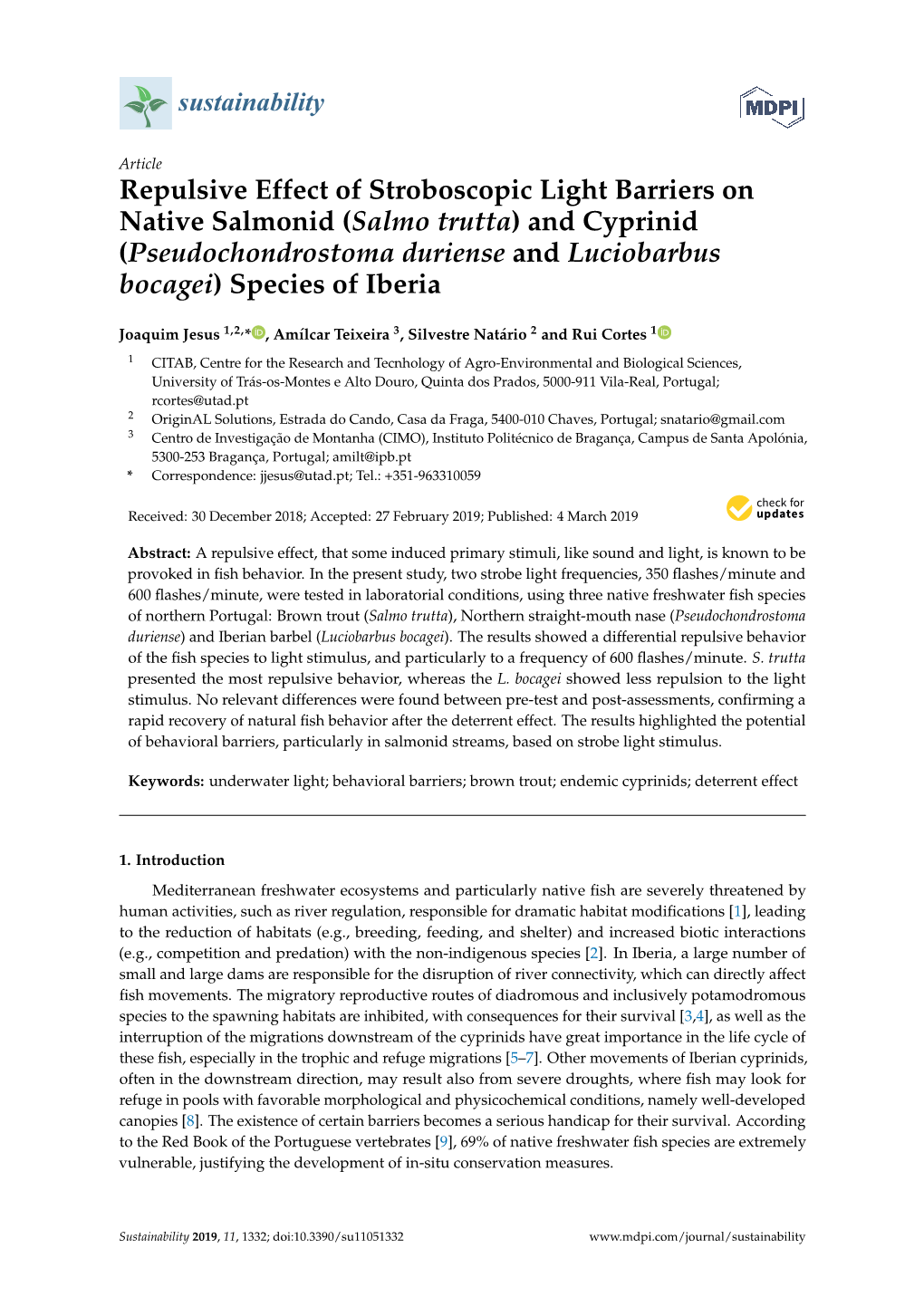 Repulsive Effect of Stroboscopic Light Barriers on Native Salmonid (Salmo Trutta) and Cyprinid (Pseudochondrostoma Duriense and Luciobarbus Bocagei) Species of Iberia