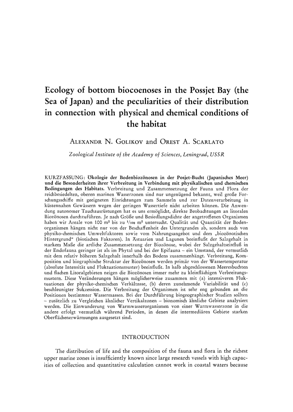 Ecology of Bottom Biocoenoses in the Possjet Bay (The Sea of Japan)