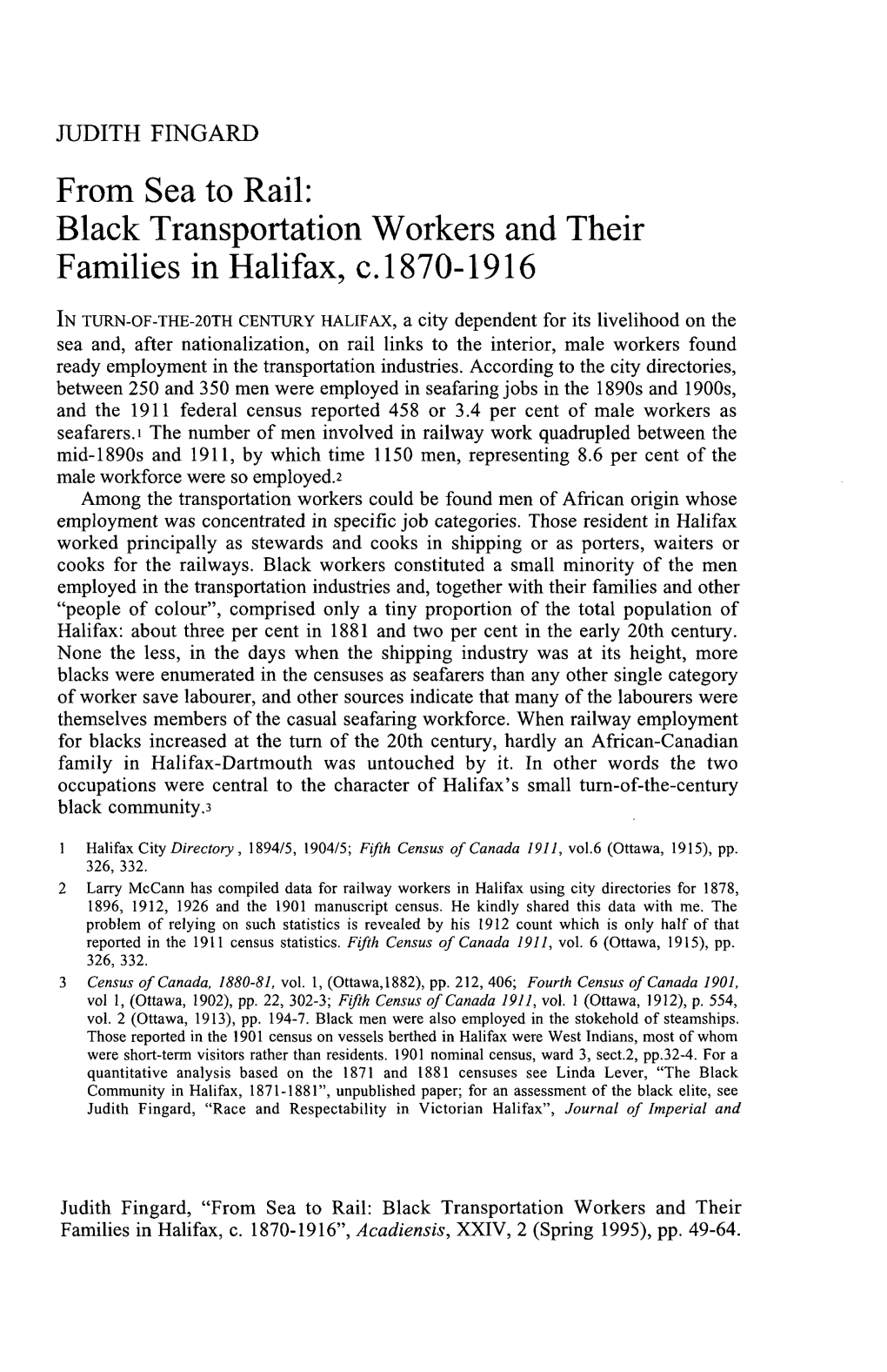 Black Transportation Workers and Their Families in Halifax, C.1870-1916