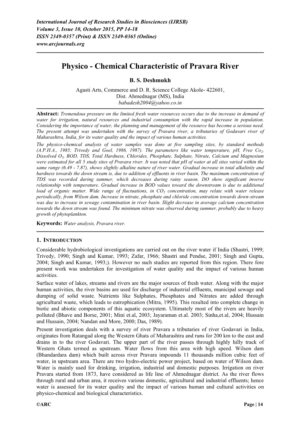 Physico-Chemical Characteristic of Pravara River