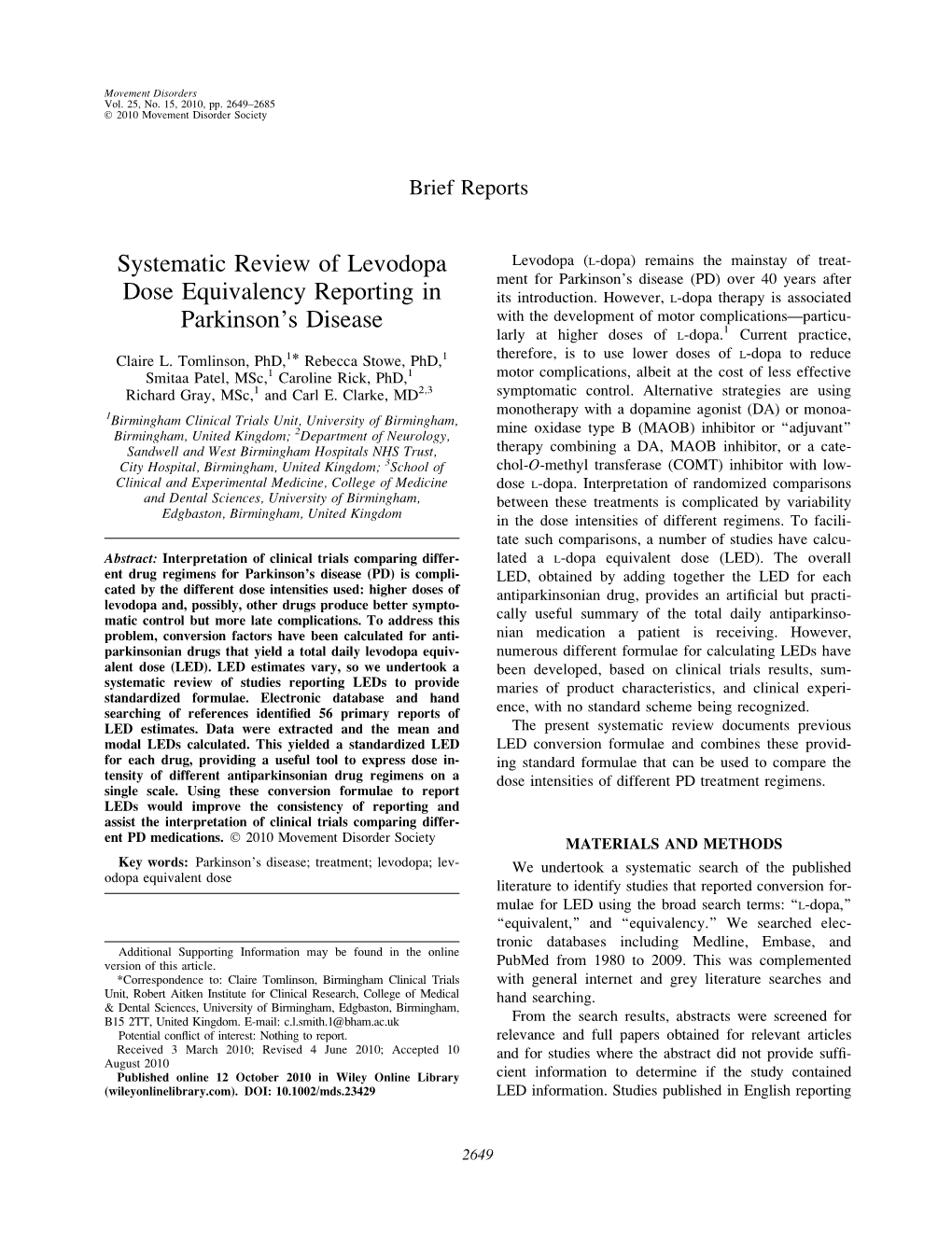 Systematic Review of Levodopa Dose Equivalency Reporting In