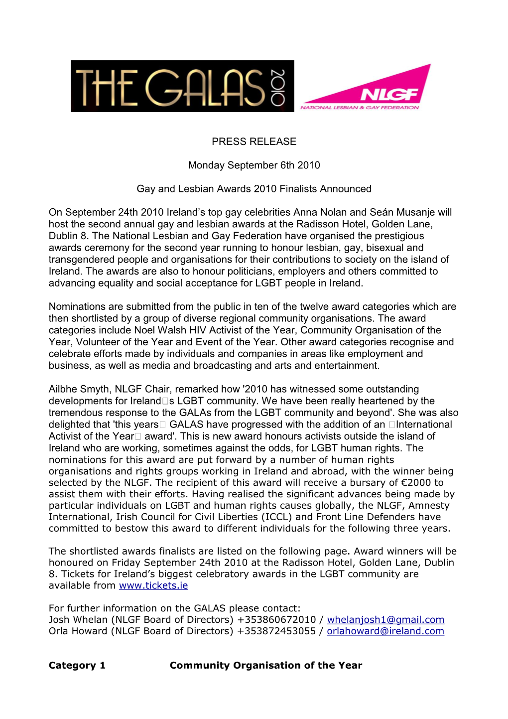 PRESS RELEASE Monday September 6Th 2010 Gay And