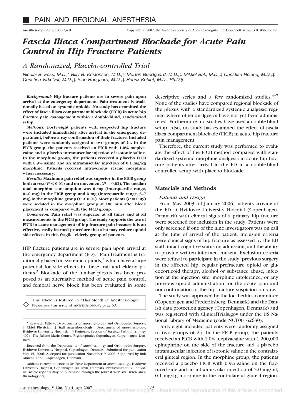 Fascia Iliaca Compartment Blockade for Acute Pain Control in Hip Fracture Patients a Randomized, Placebo-Controlled Trial Nicolai B