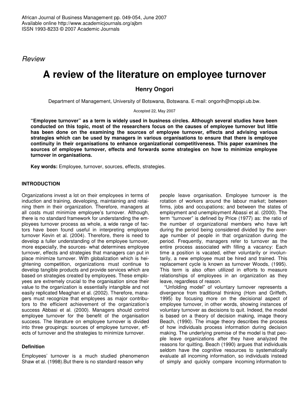 A Review of the Literature on Employee Turnover