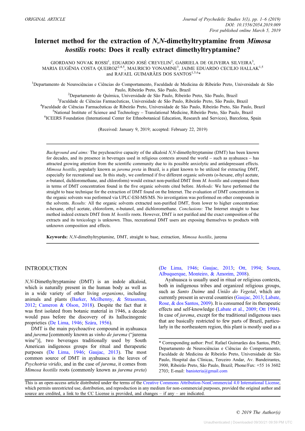 Internet Method for the Extraction of N,N-Dimethyltryptamine from Mimosa Hostilis Roots: Does It Really Extract Dimethyltryptamine?