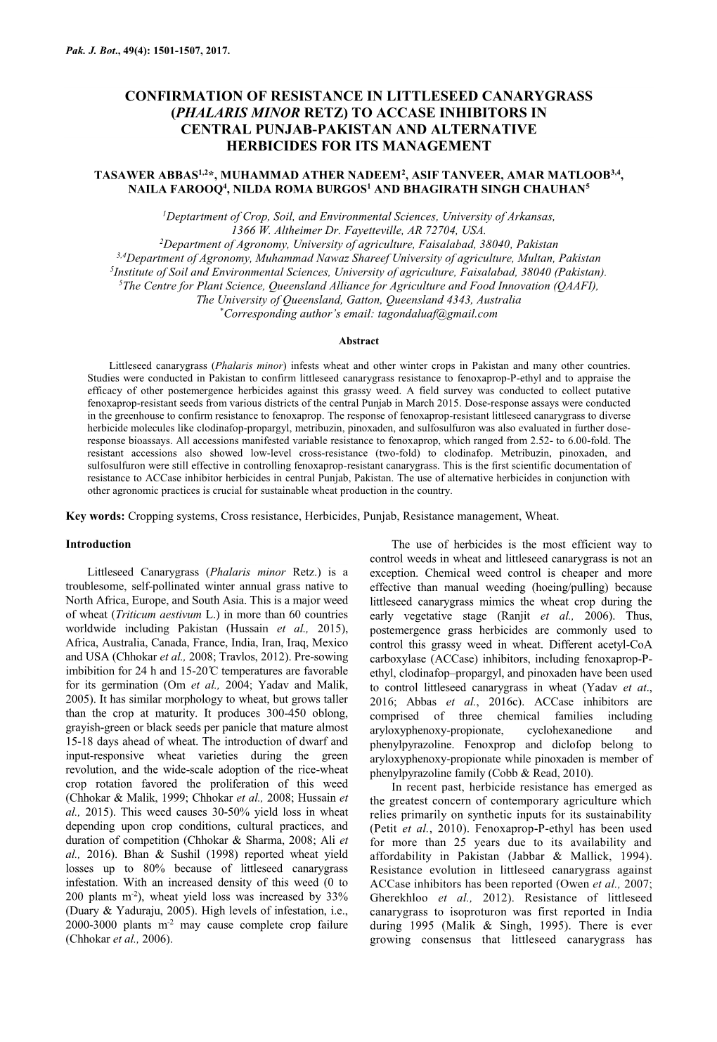 Phalaris Minor Retz) to Accase Inhibitors in Central Punjab-Pakistan and Alternative Herbicides for Its Management