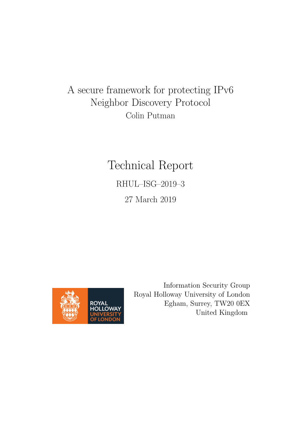 Technical Report RHUL–ISG–2019–3 27 March 2019