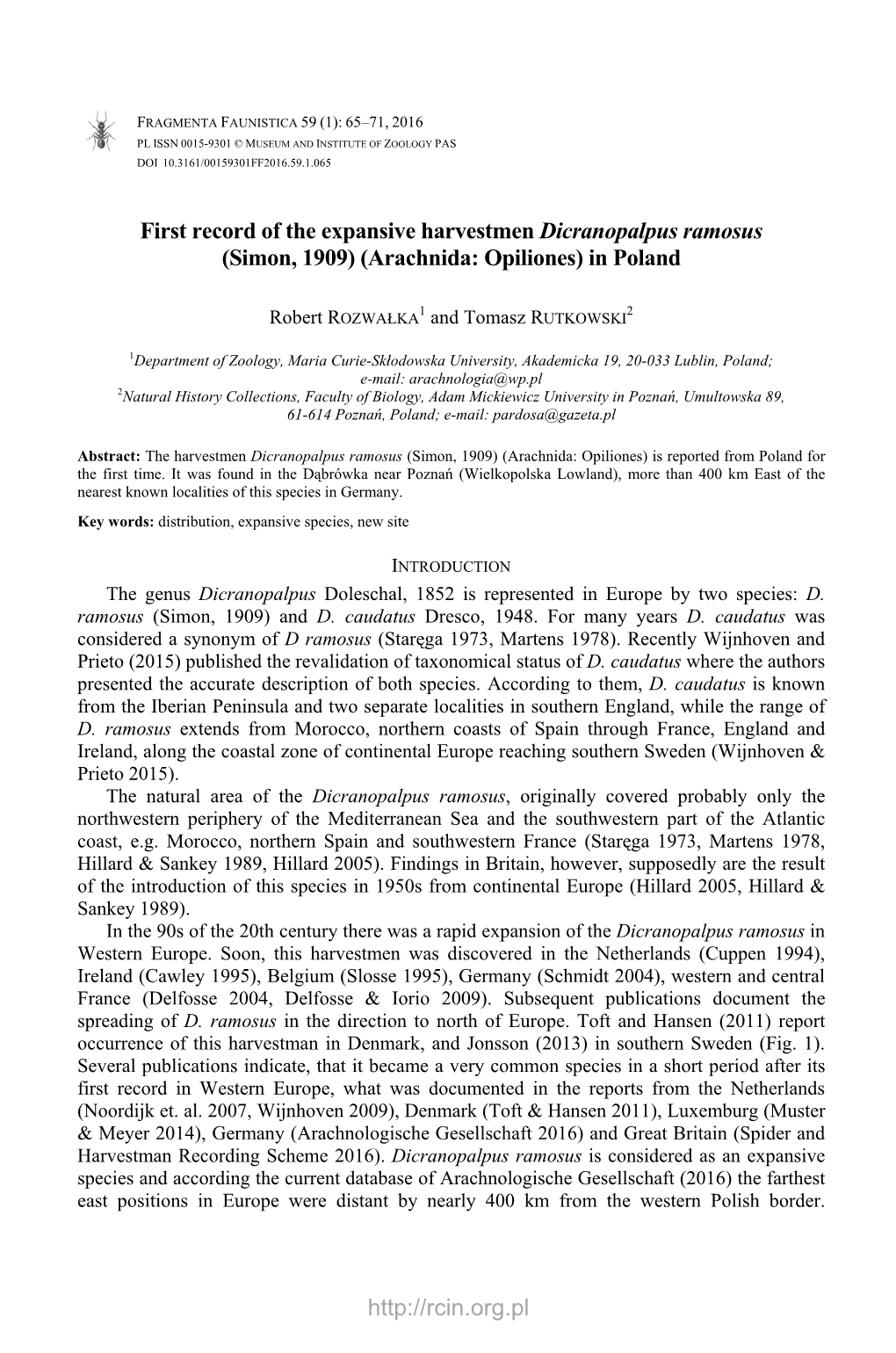 First Record of the Expansive Harvestmen Dicranopalpus Ramosus (Simon, 1909) (Arachnida: Opiliones) in Poland