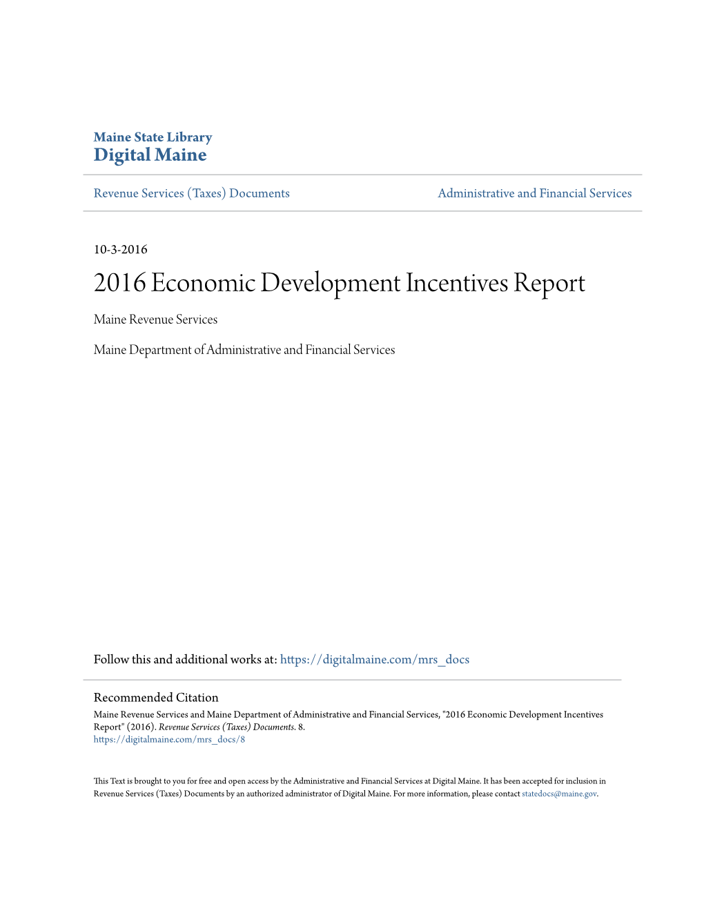 2016 Economic Development Incentives Report Maine Revenue Services
