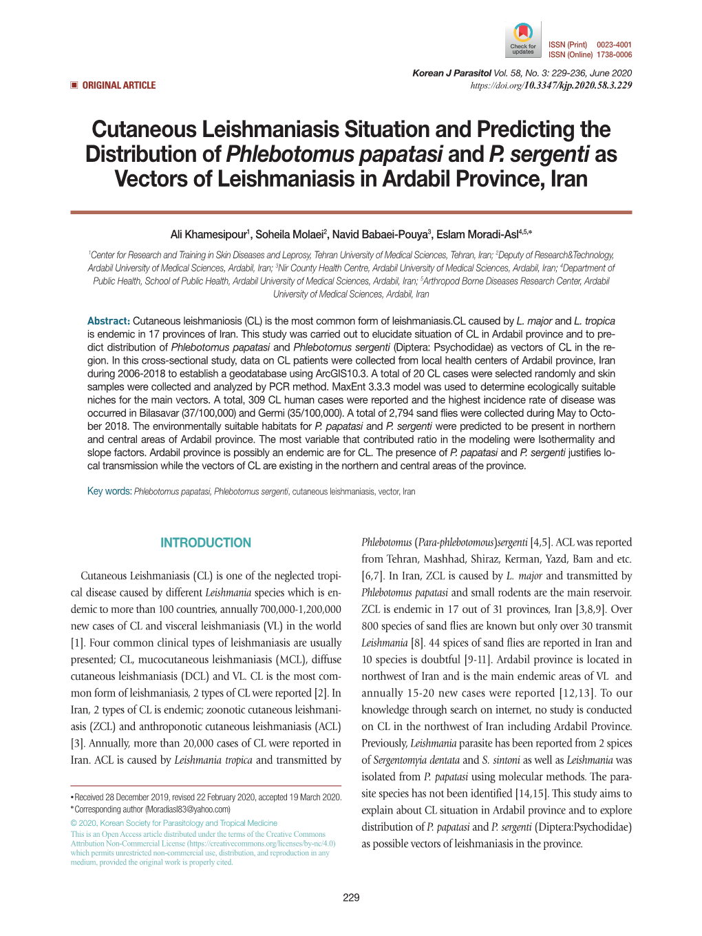 Cutaneous Leishmaniasis Situation and Predicting the Distribution of Phlebotomus Papatasi and P