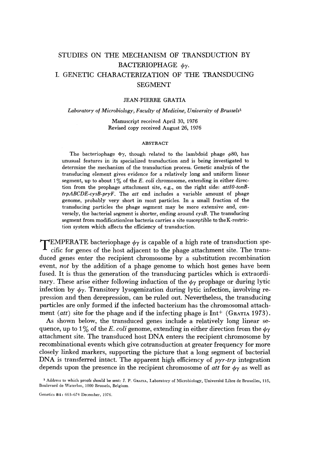 STUDIES on the MECHANISM of TRANSDUCTION by BACTERIOPHAGE +Y