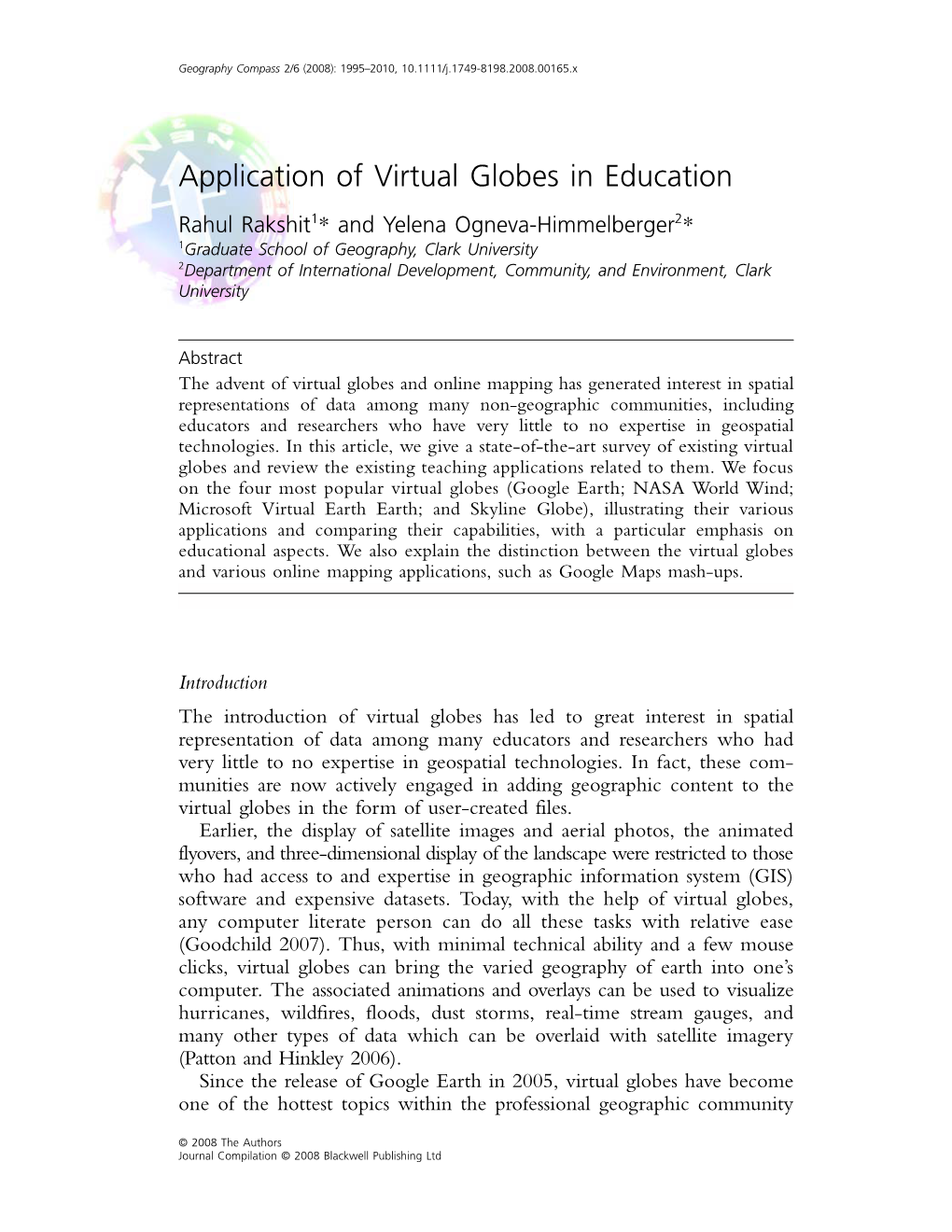 Application of Virtual Globes in Education