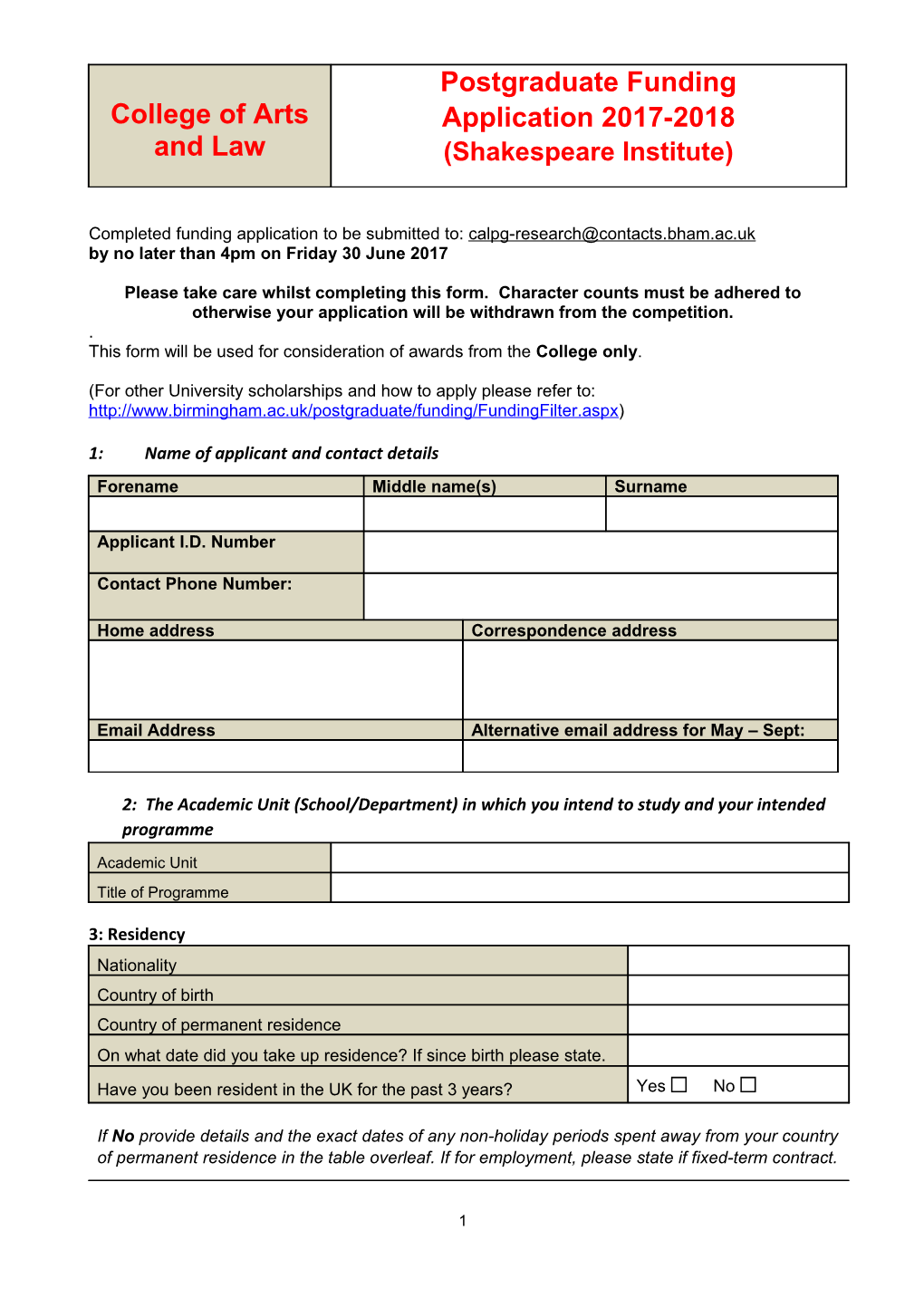 Sample Doctoral Award Scheme Application Form