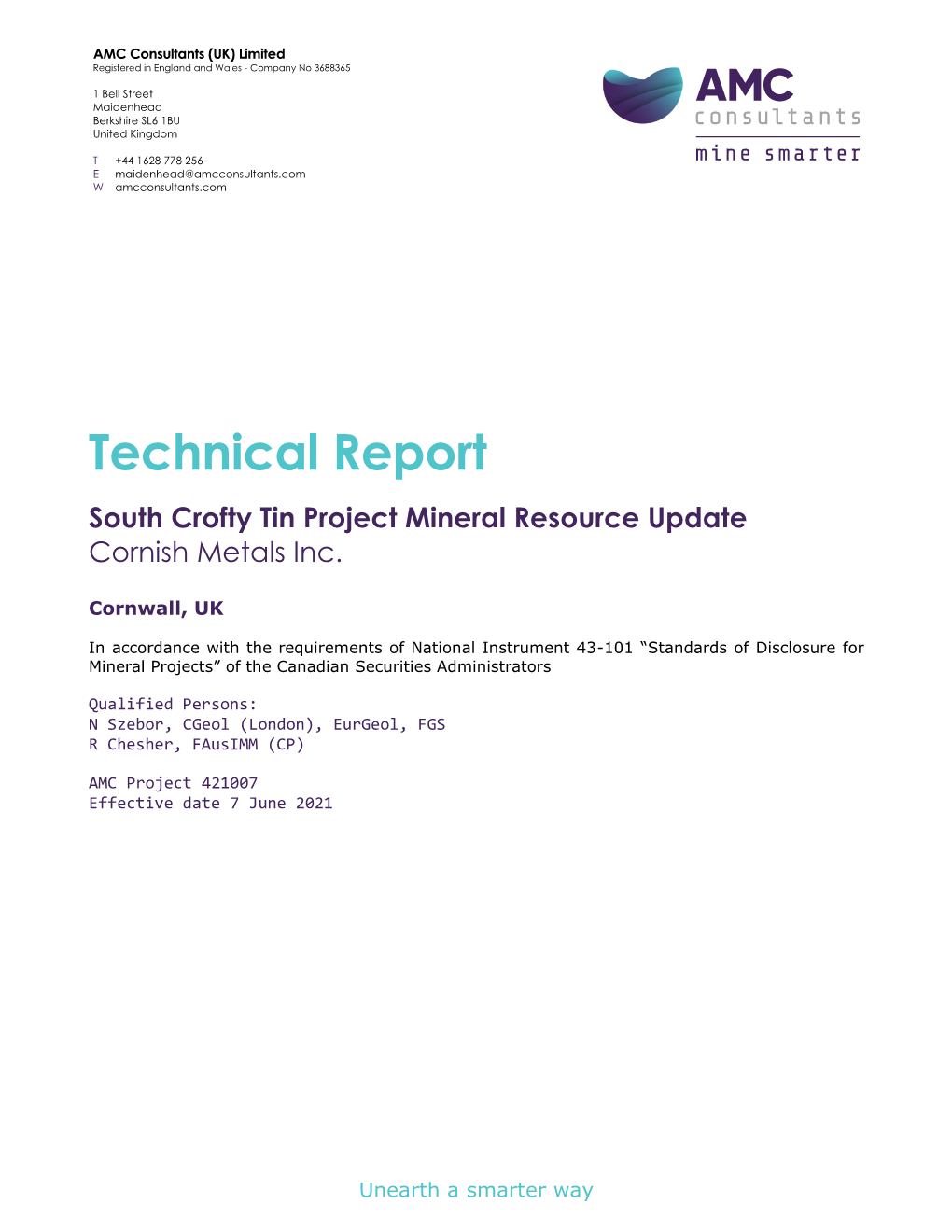 Technical Report South Crofty Tin Project Mineral Resource Update Cornish Metals Inc