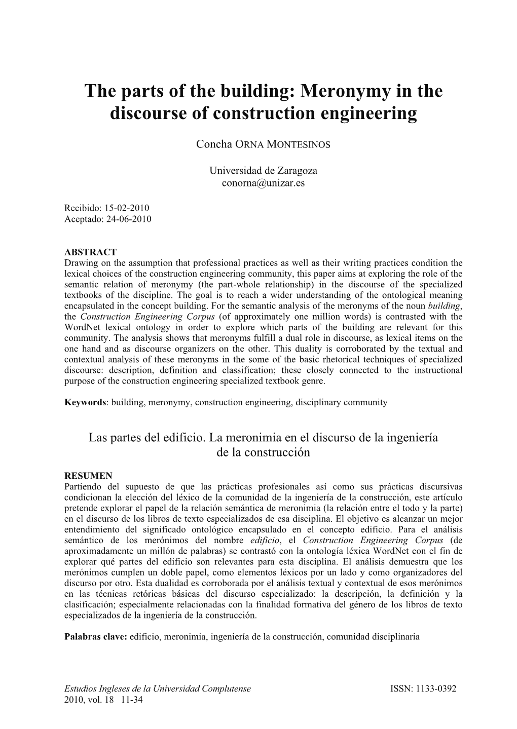 The Parts of the Building: Meronymy in the Discourse of Construction Engineering