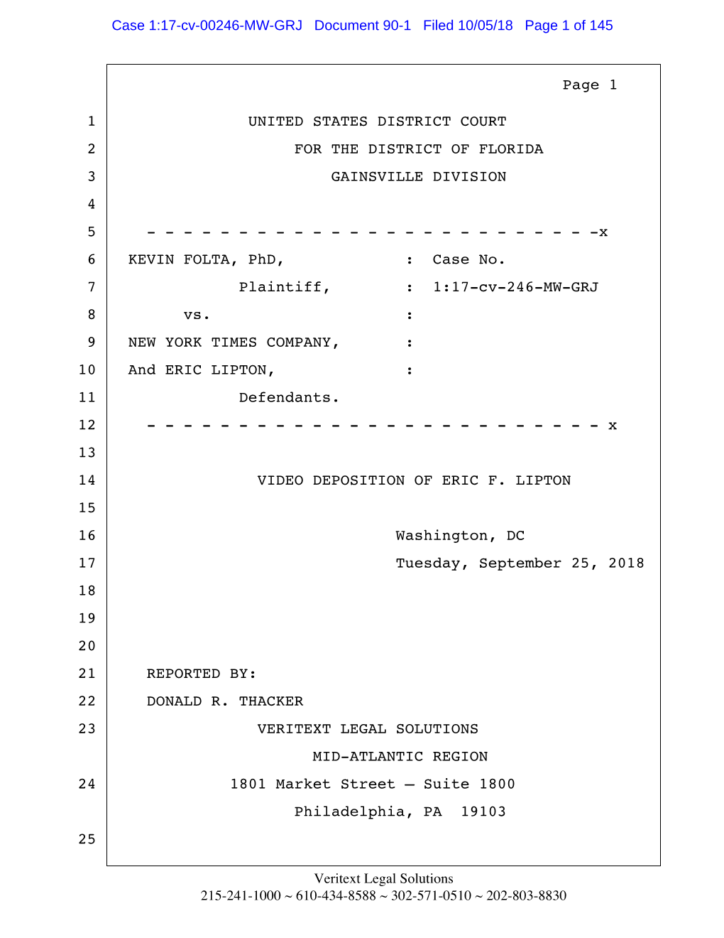 Eric Lipton Deposition in United States District Court for the District Of