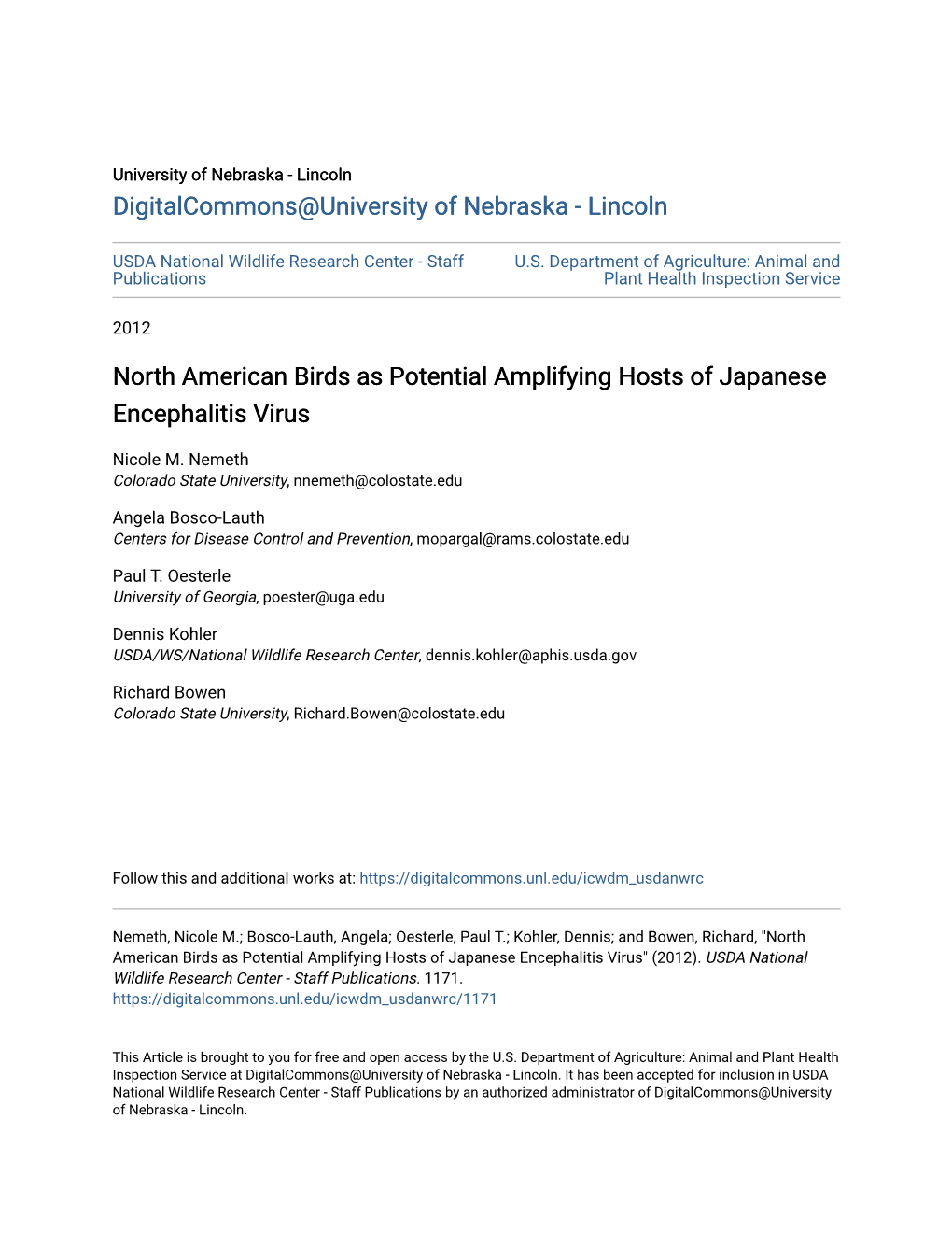 North American Birds As Potential Amplifying Hosts of Japanese Encephalitis Virus