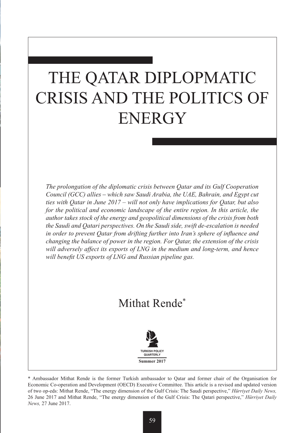 The Qatar Diplopmatic Crisis and the Politics of Energy