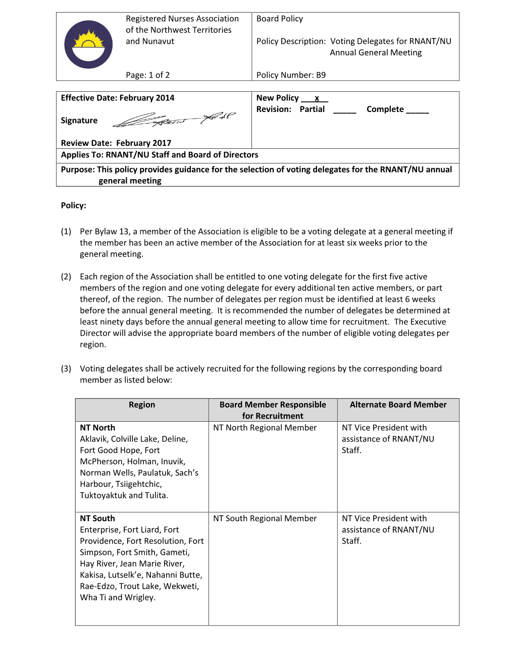 Voting Delegates for RNANT/NU Annual General Meeting