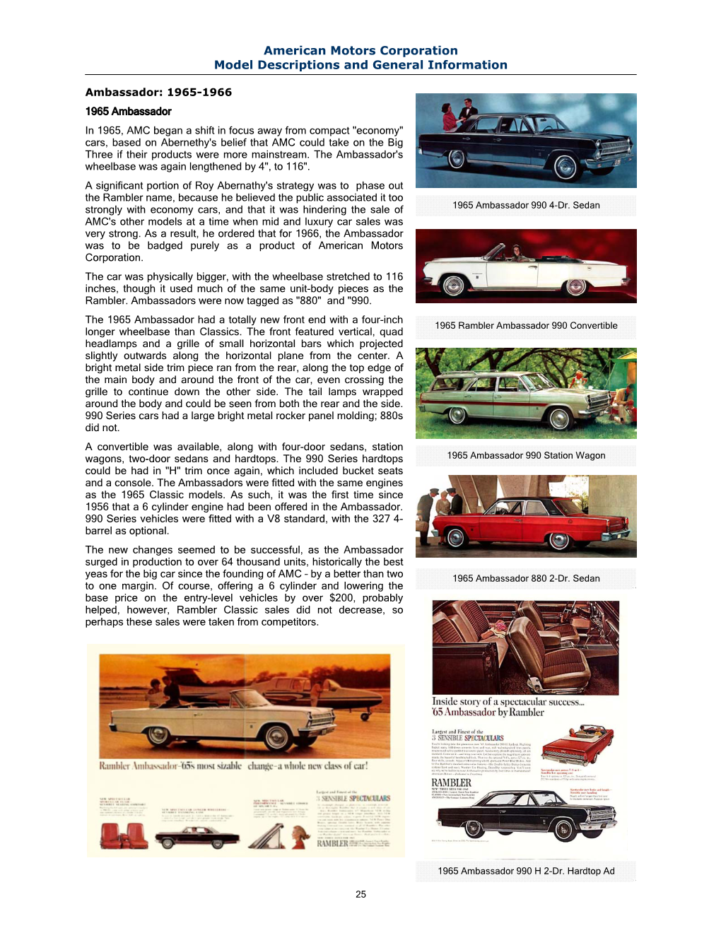 American Motors Corporation Model Descriptions and General Information