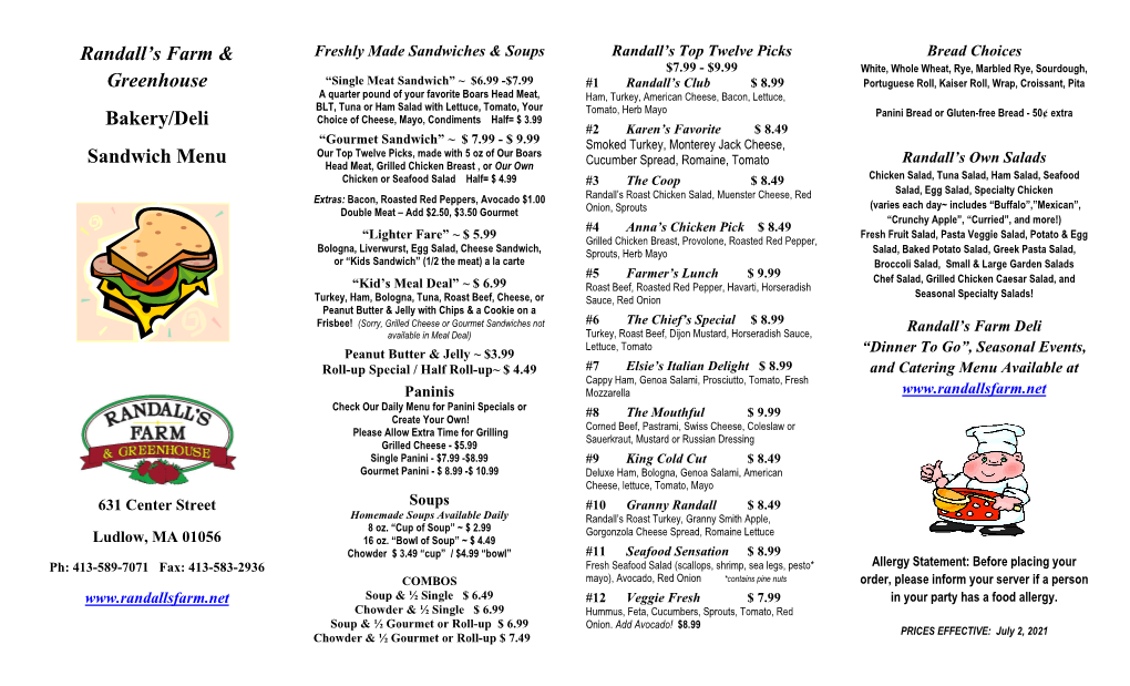 Randall's Farm & Greenhouse Bakery/Deli Sandwich Menu