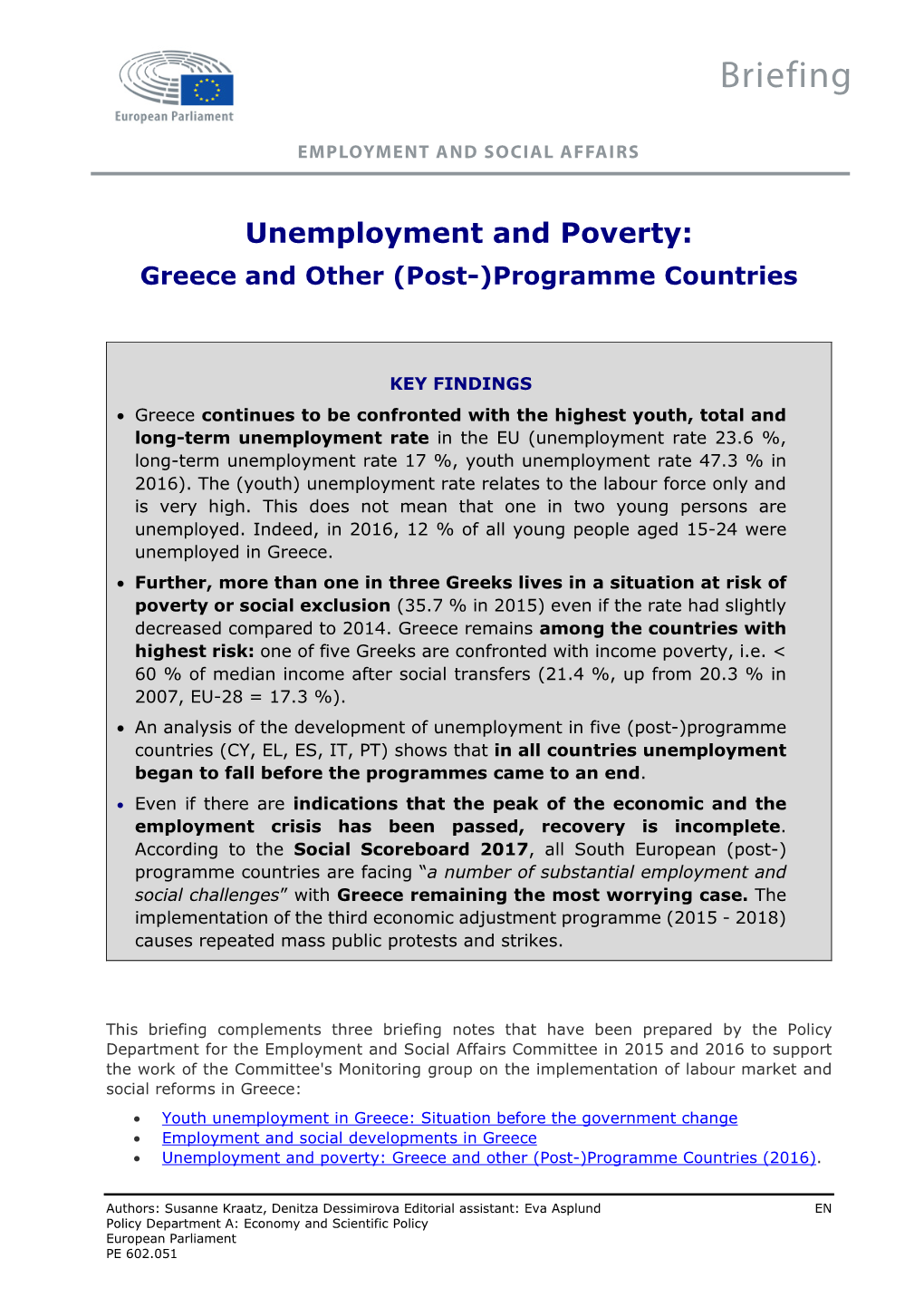 Unemployment and Poverty:Greece and Other