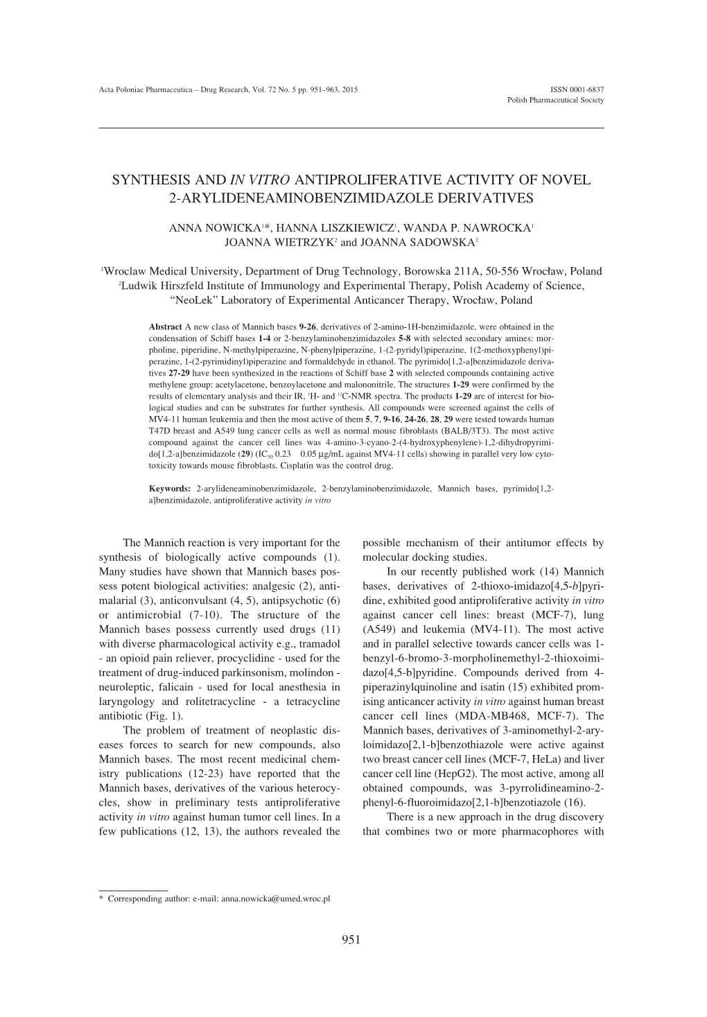 Synthesis and in Vitro Antiproliferative Activity of Novel 2-Arylideneaminobenzimidazole Derivatives