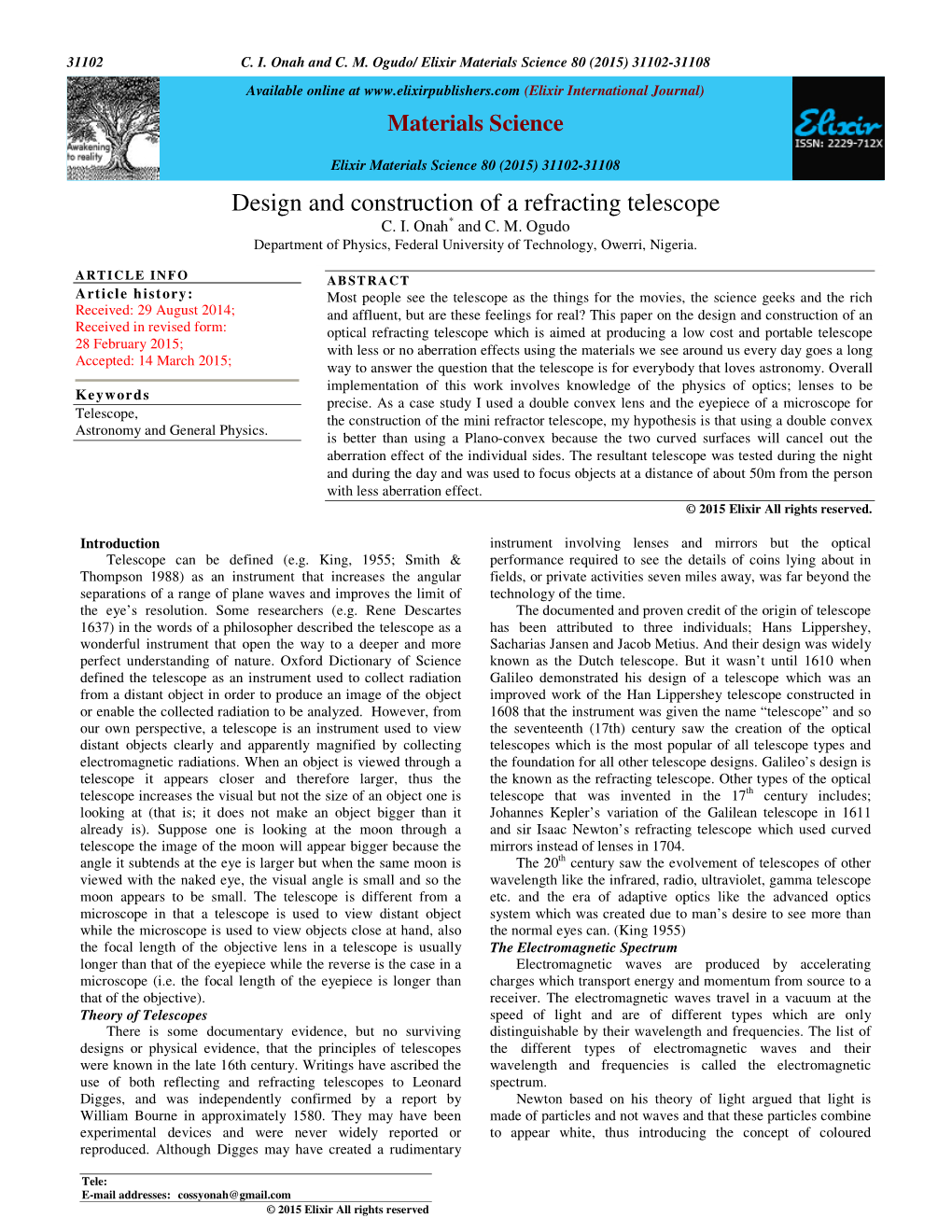 Design and Construction of a Refracting Telescope C