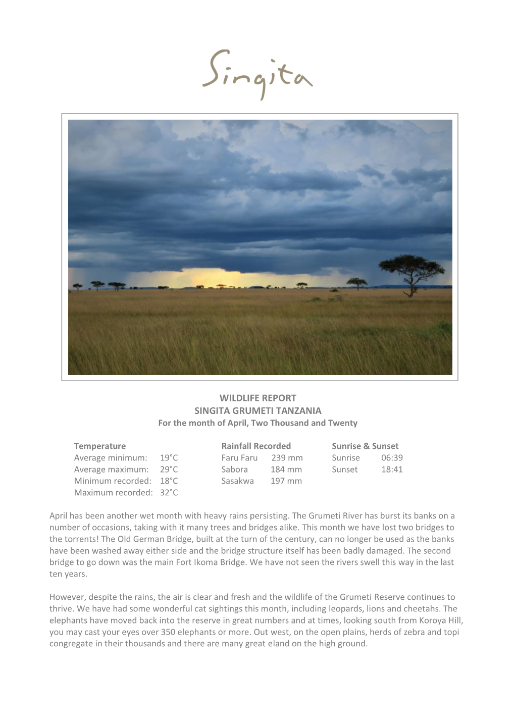 WILDLIFE REPORT SINGITA GRUMETI TANZANIA for the Month of April, Two Thousand and Twenty
