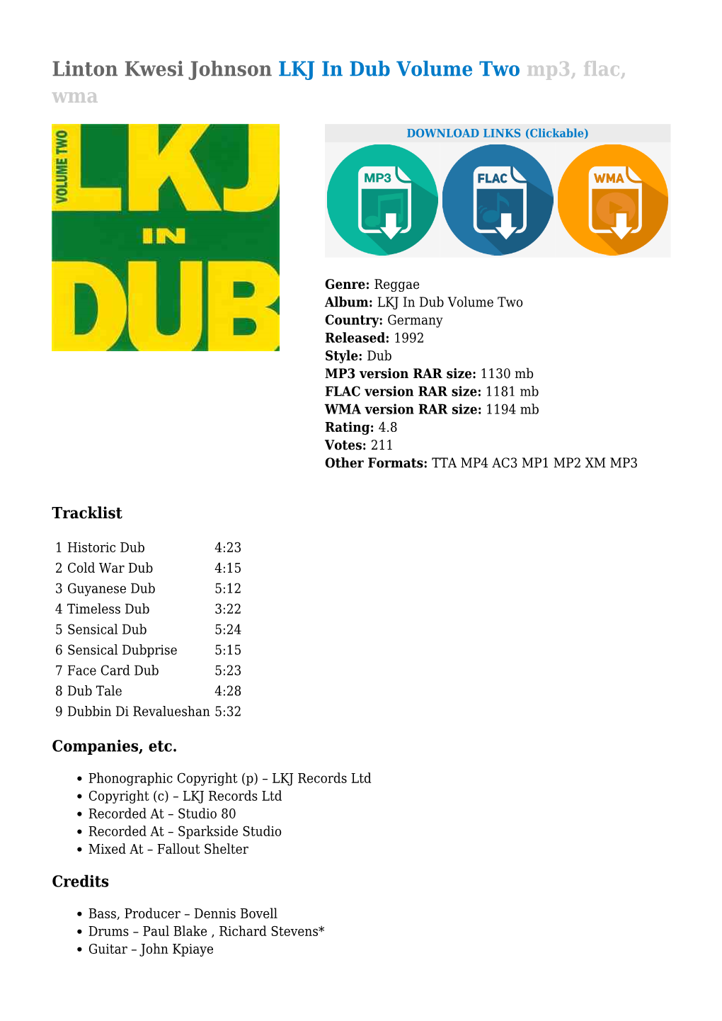 Linton Kwesi Johnson LKJ in Dub Volume Two Mp3, Flac, Wma