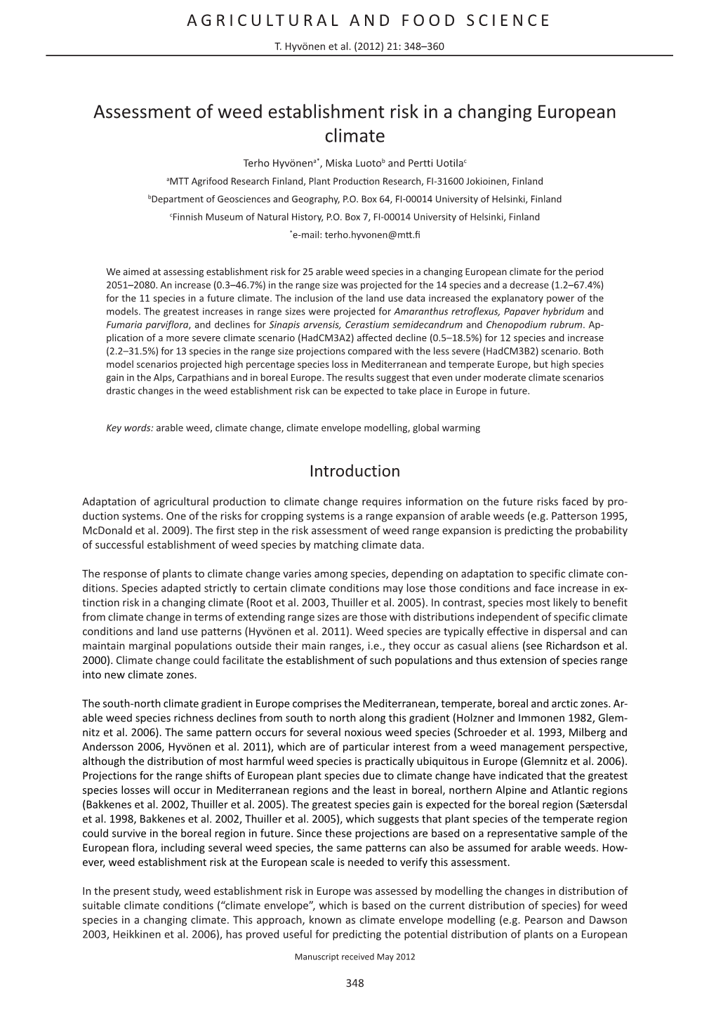 Assessment of Weed Establishment Risk in a Changing European Climate