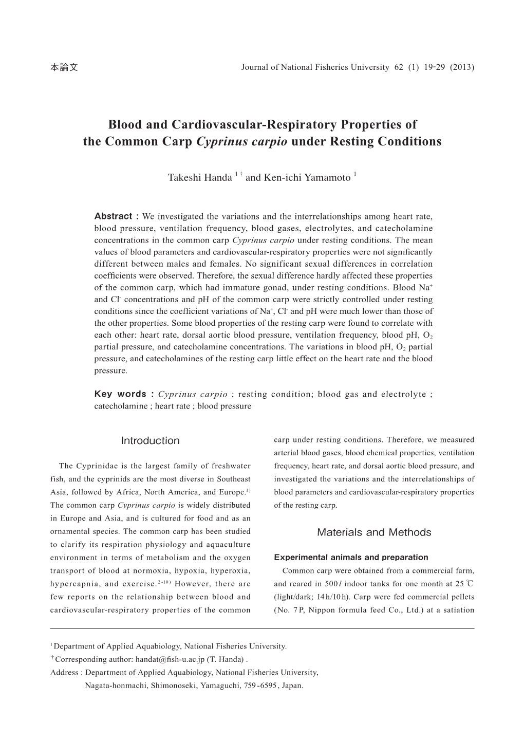 Blood and Cardiovascular-Respiratory Properties of the Common Carp Cyprinus Carpio Under Resting Conditions