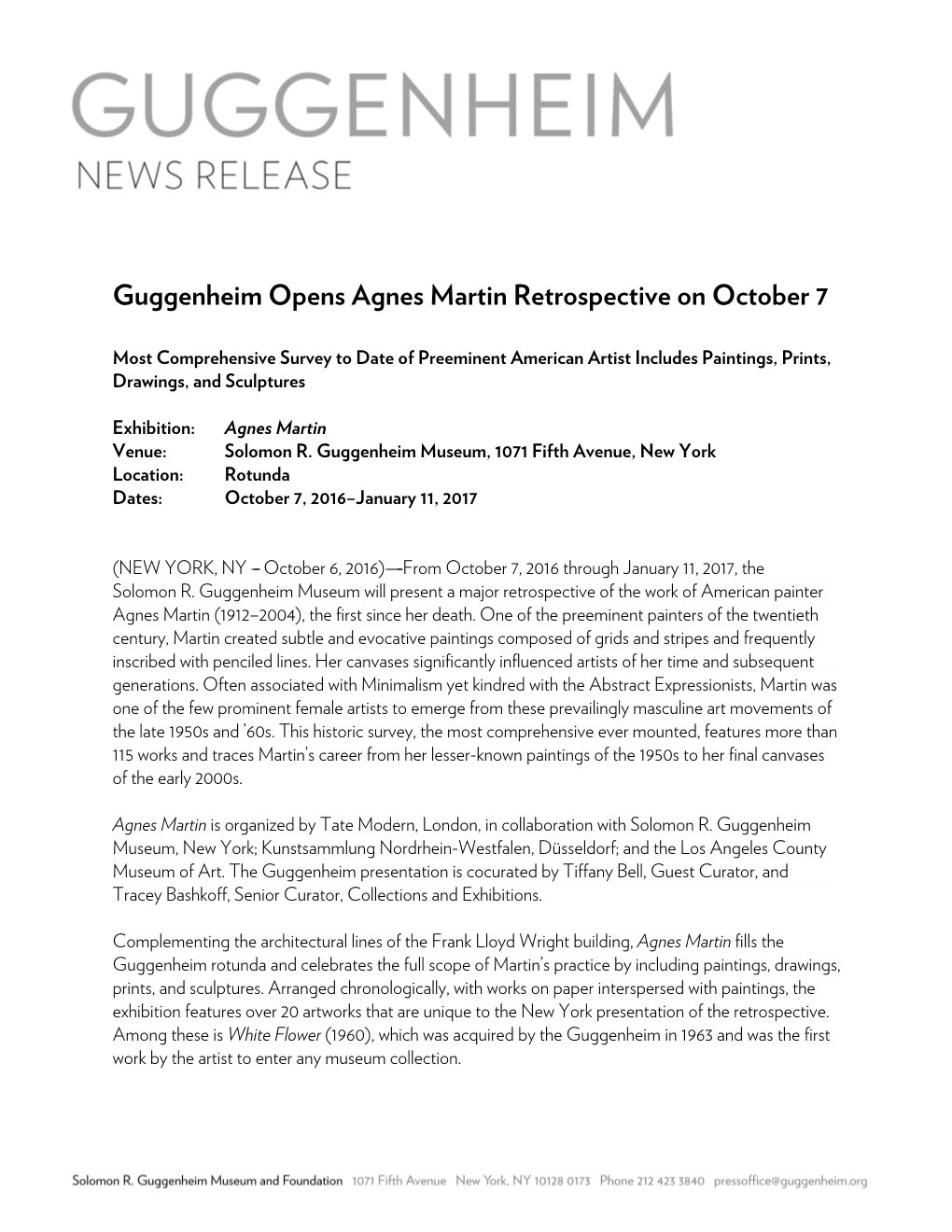 Guggenheim Opens Agnes Martin Retrospective on October 7