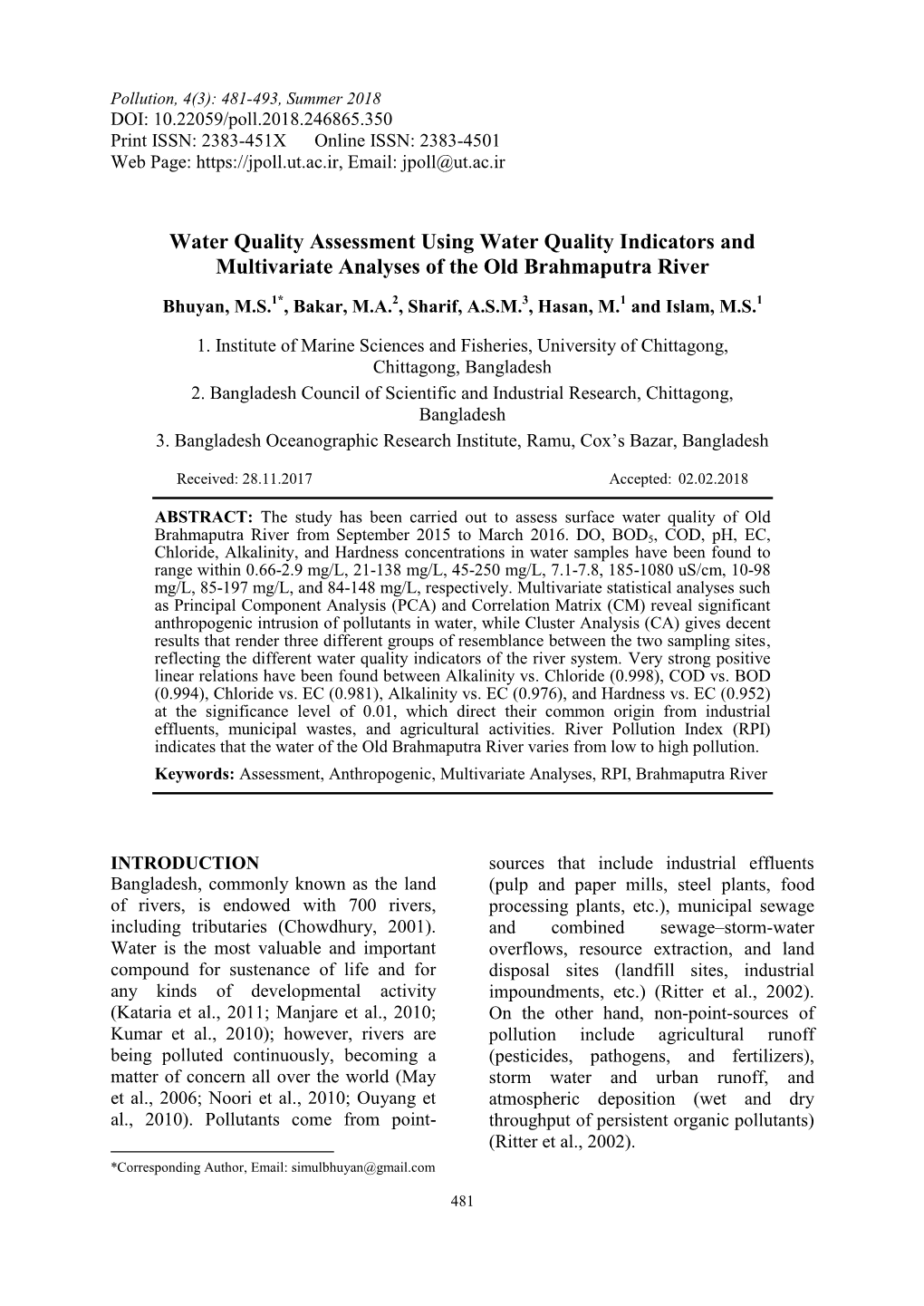 Water Quality Assessment Using Water Quality Indicators and Multivariate Analyses of the Old Brahmaputra River
