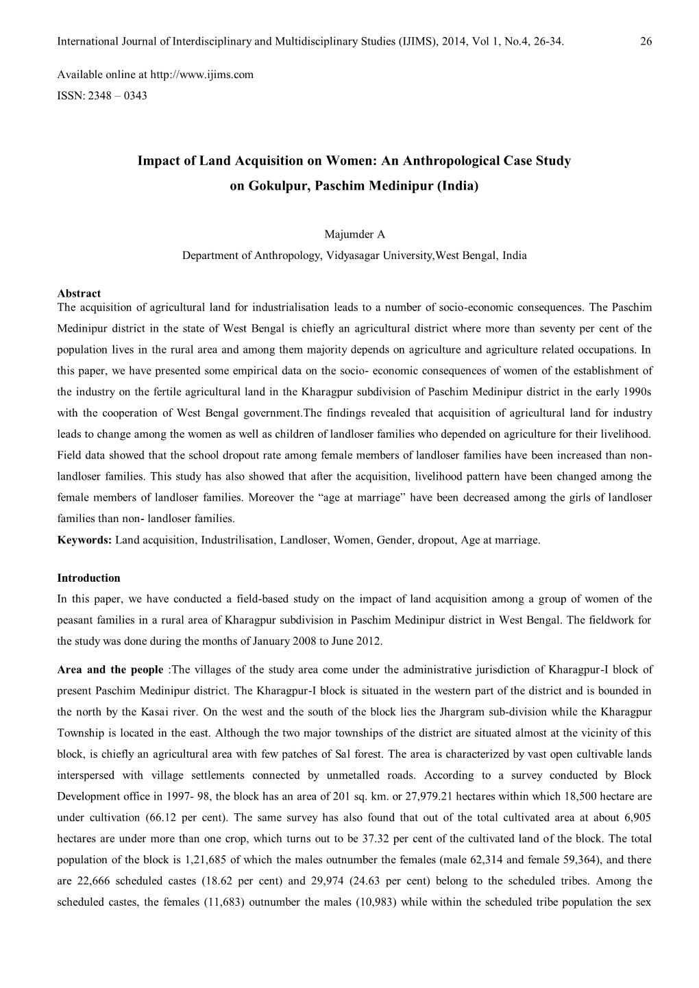 Impact of Land Acquisition on Women: an Anthropological Case Study on Gokulpur, Paschim Medinipur (India)