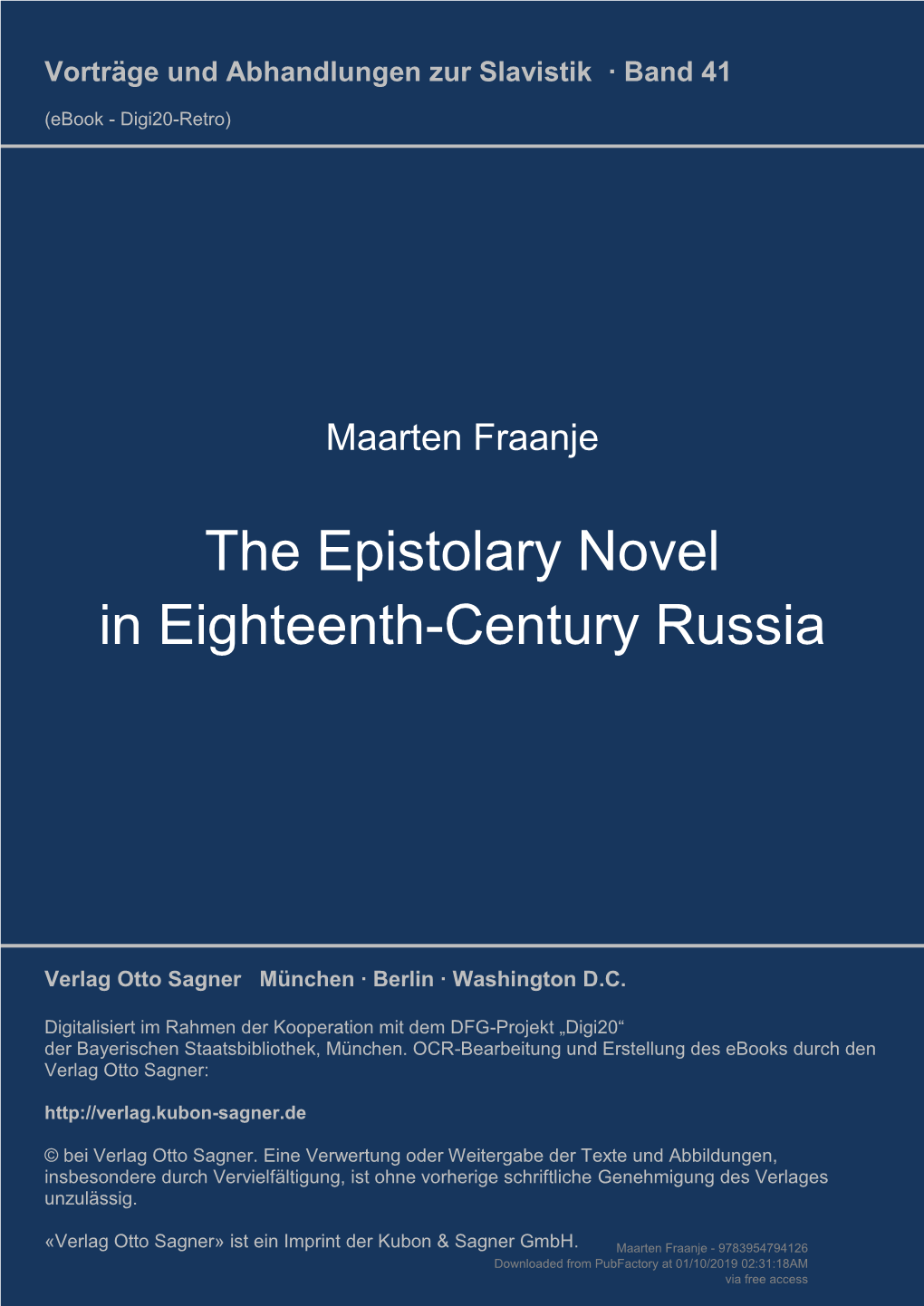 The Epistolary Novel in Eighteenth-Century Russia