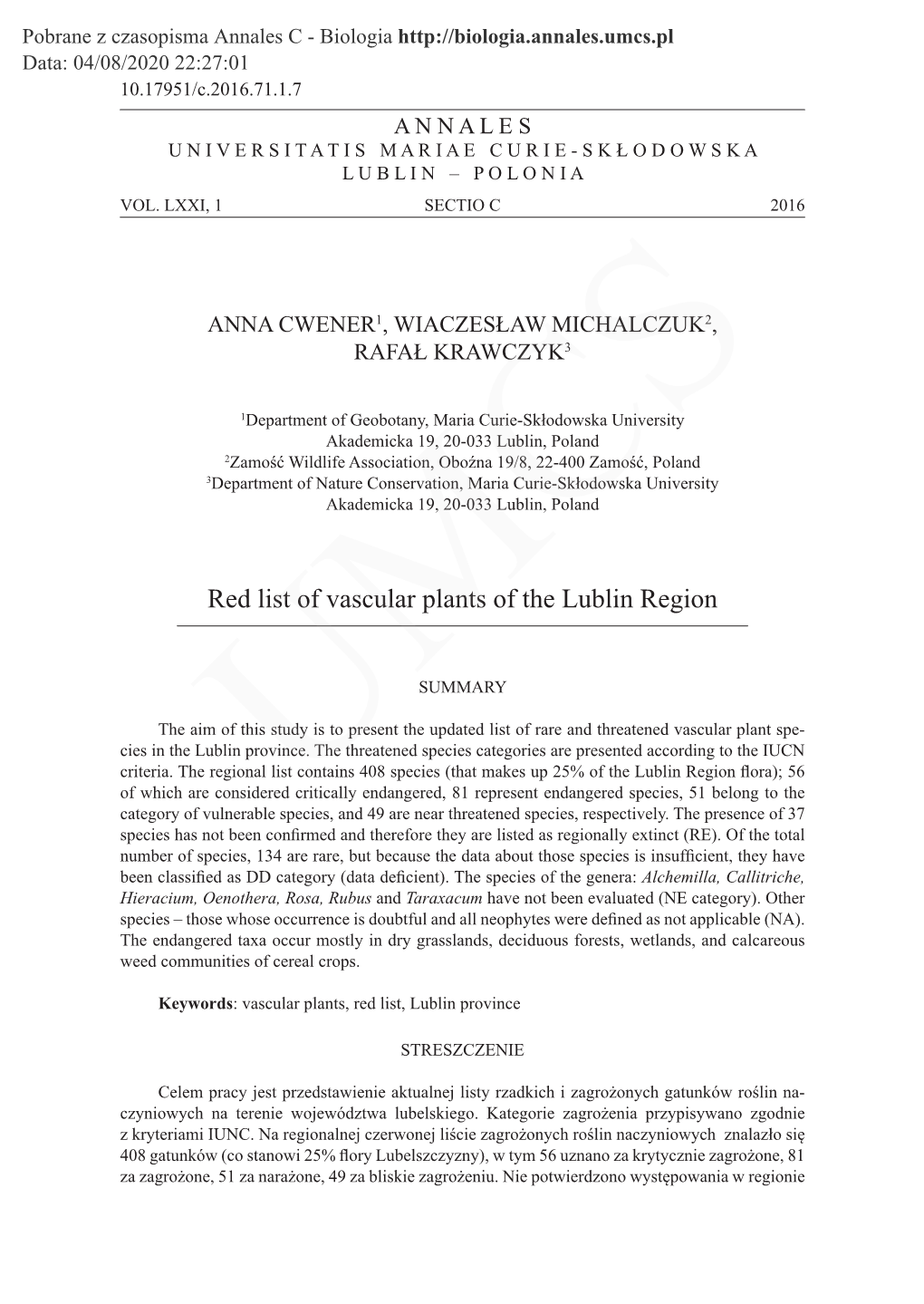 Red List of Vascular Plants of the Lublin Region