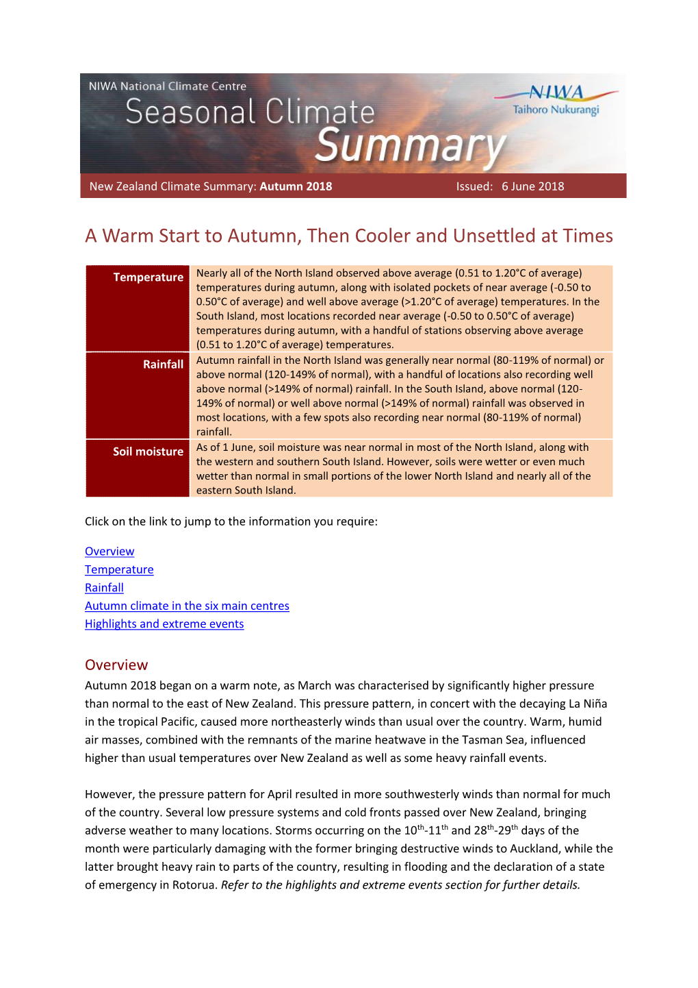 Climate Summary for Autumn 2018