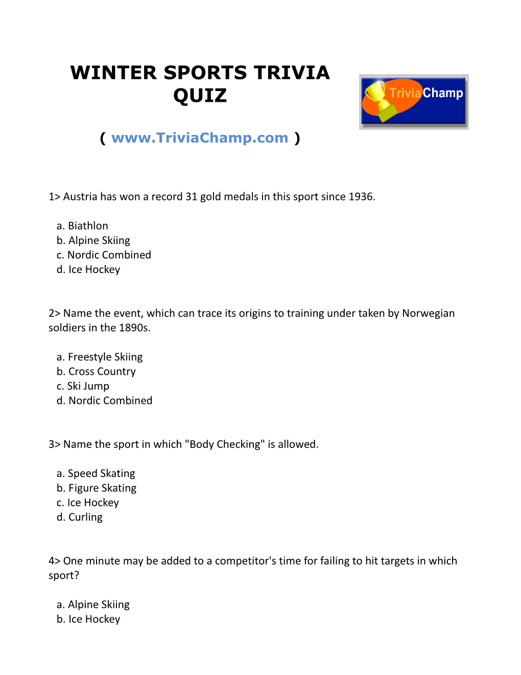 Winter Sports Trivia Quiz