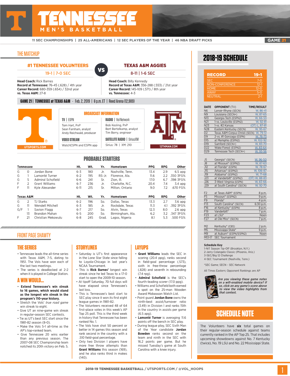 2018-19 Schedule Schedule Note