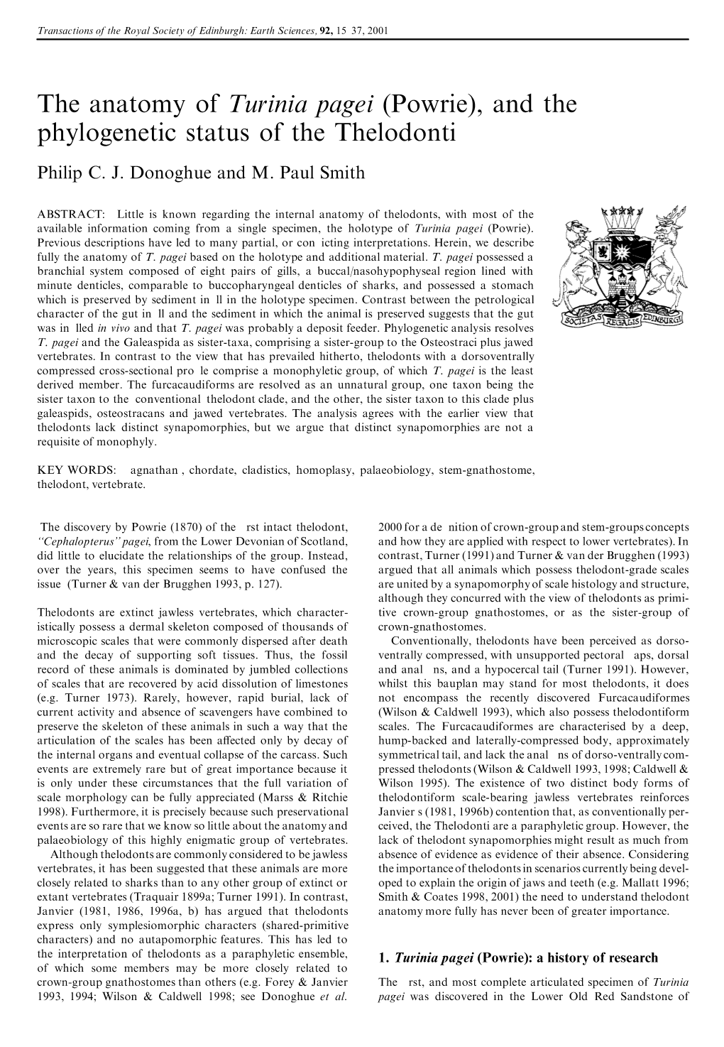 The Anatomy of Turinia Pagei (Powrie), and the Phylogenetic Status of the Thelodonti Philip C